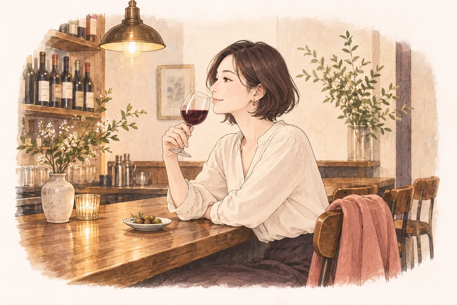 あたたかな灯りのカウンターで、ひとり静かにワインを楽しむ女性のイラスト