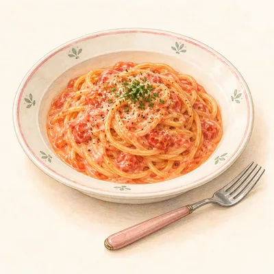 トマトクリームパスタをモチーフにしたイラスト