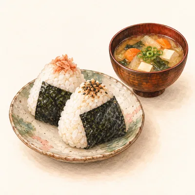 おむすびと味噌のお椀をモチーフにしたイラスト