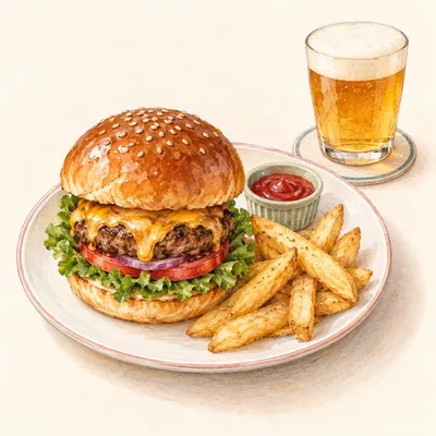 バーガーとクラフトビールをモチーフにしたイラスト